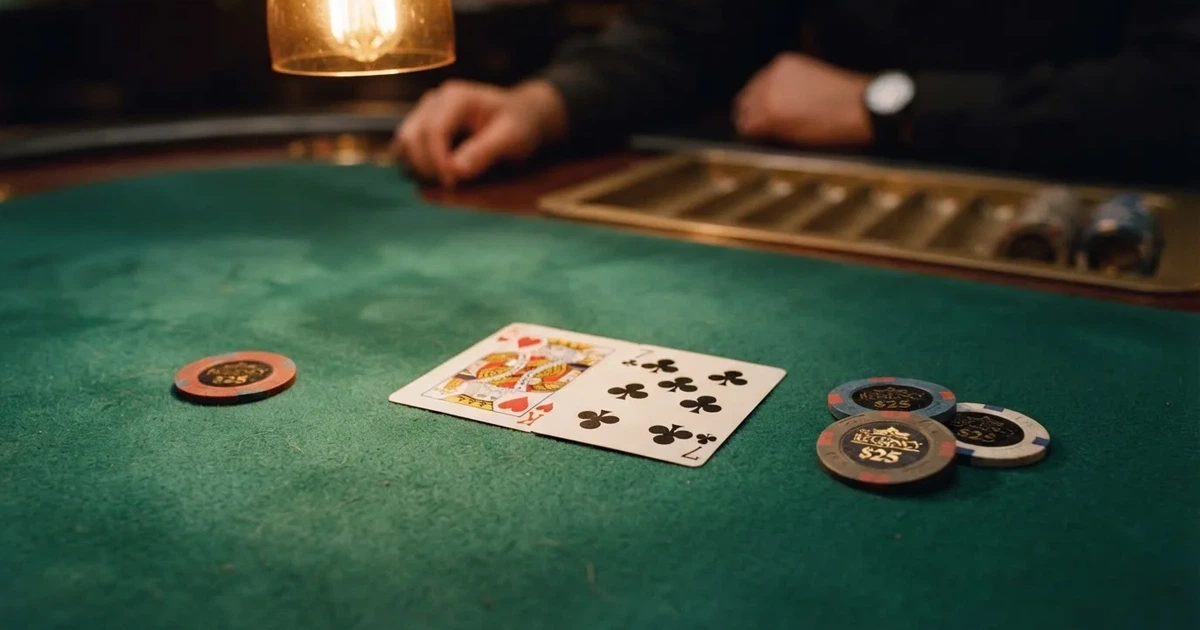 A close-up of a green felt gaming table with cards and chips mid-hand.