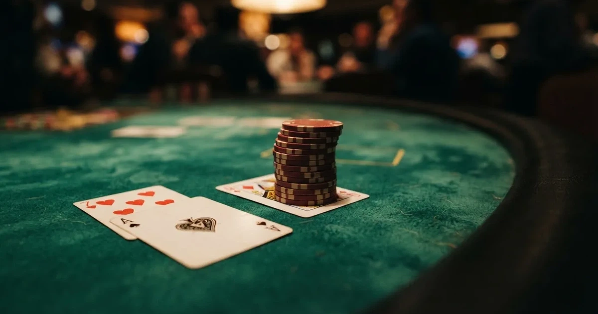 A close-up of a green felt gaming table with cards and chips mid-hand.