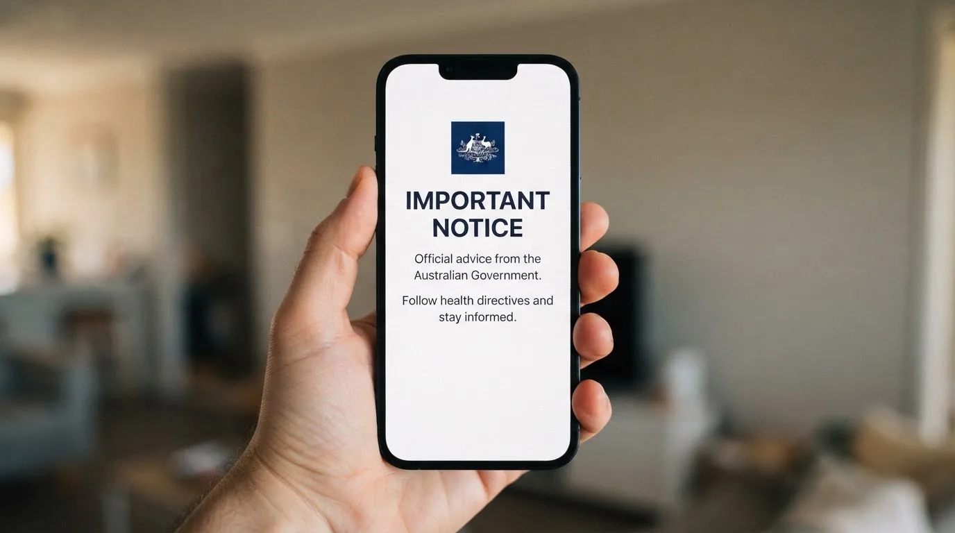 A smartphone screen showing a plain government warning notice about a blocked website, held against a blurred background.