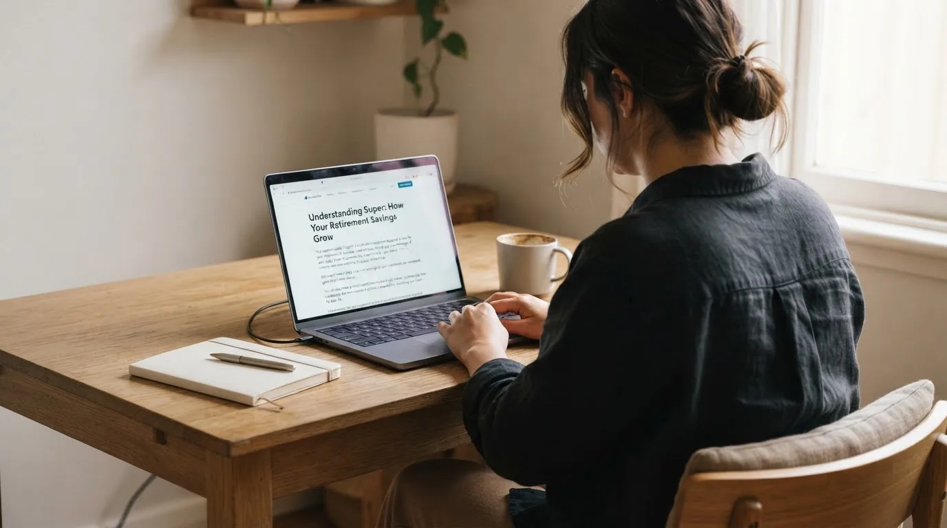 A person at a laptop reading a plain-language explainer article at a home desk.