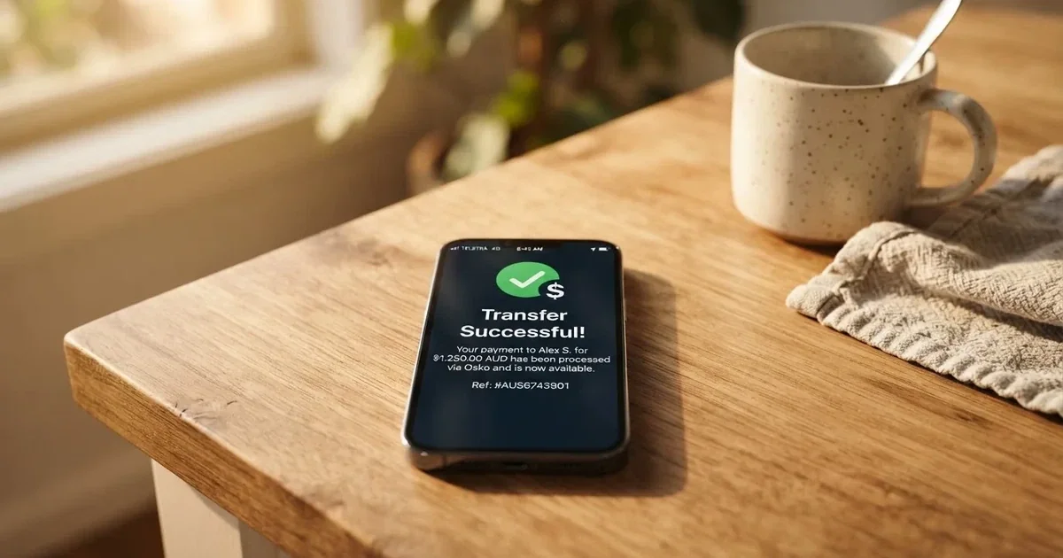 A close-up of a banking app on a smartphone showing a same-day transfer confirmation on a kitchen table.