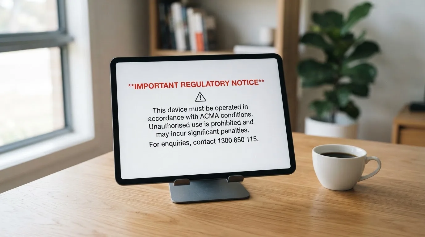 A tablet screen displaying an official regulator warning notice on a desk beside a coffee cup.