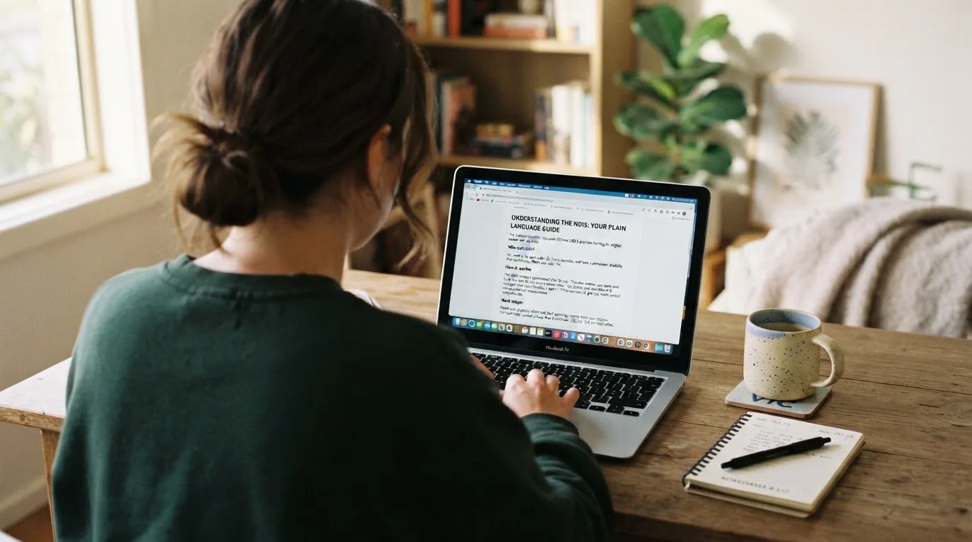A person at a laptop reading a plain-language explainer article at a home desk.