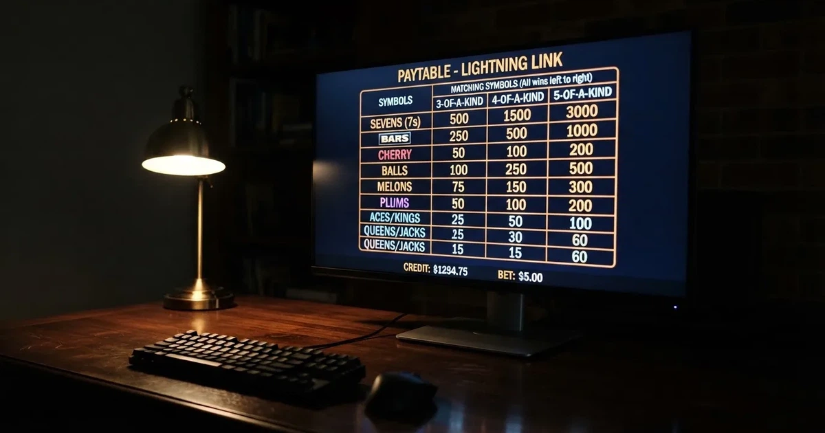 A slot machine's paytable screen glowing on a monitor in a dim room.
