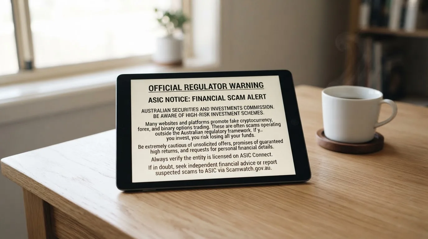 A tablet screen displaying an official regulator warning notice on a desk beside a coffee cup.