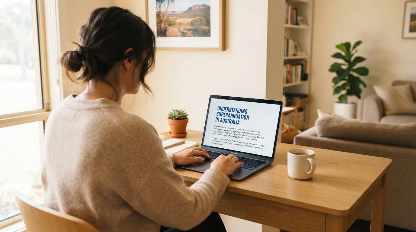 A person at a laptop reading a plain-language explainer article at a home desk.