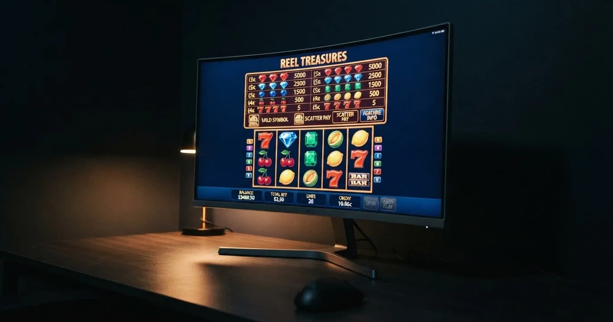 A slot machine's paytable screen glowing on a monitor in a dim room.