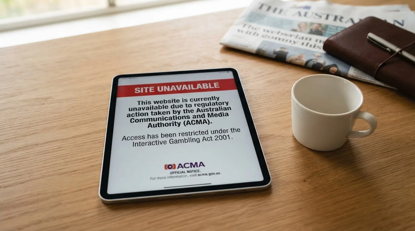 A tablet screen displaying an official regulator warning notice on a desk beside a coffee cup.