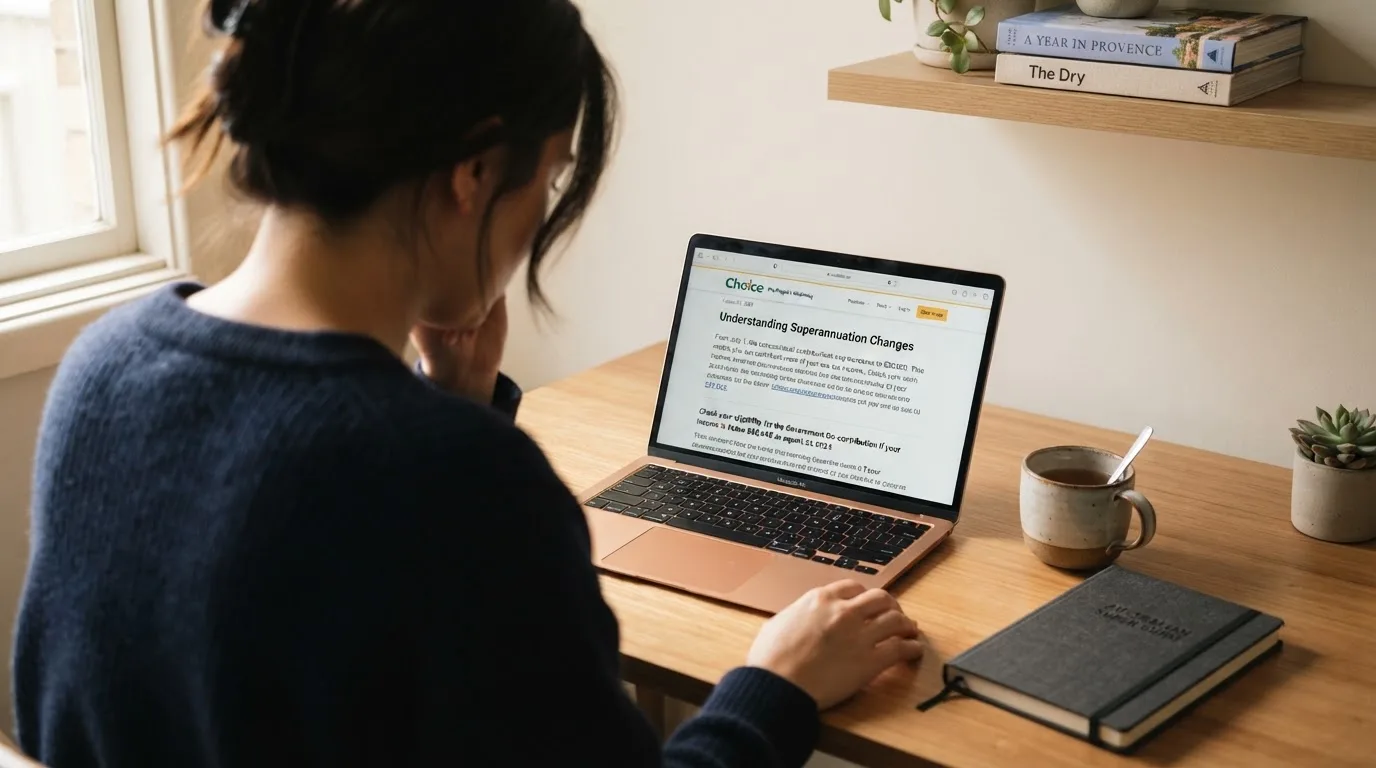 A person at a laptop reading a plain-language explainer article at a home desk.