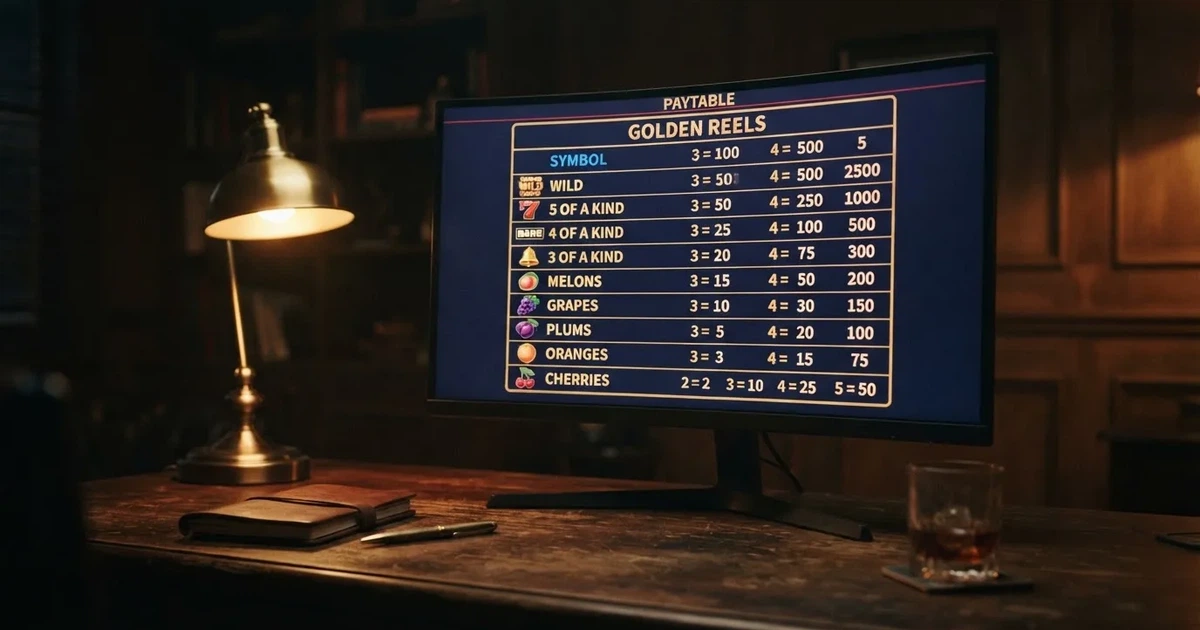 A slot machine's paytable screen glowing on a monitor in a dim room.