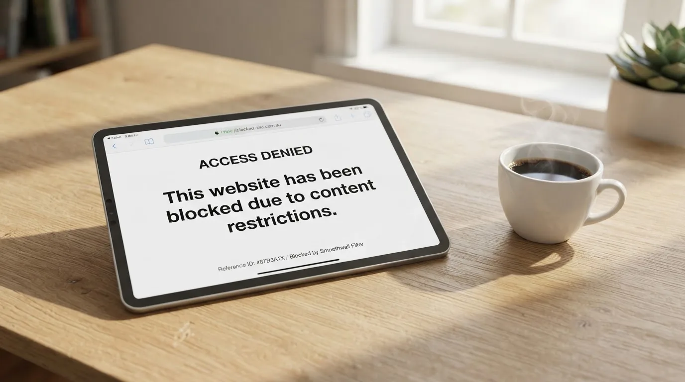 A tablet screen displaying an official regulator warning notice on a desk beside a coffee cup.