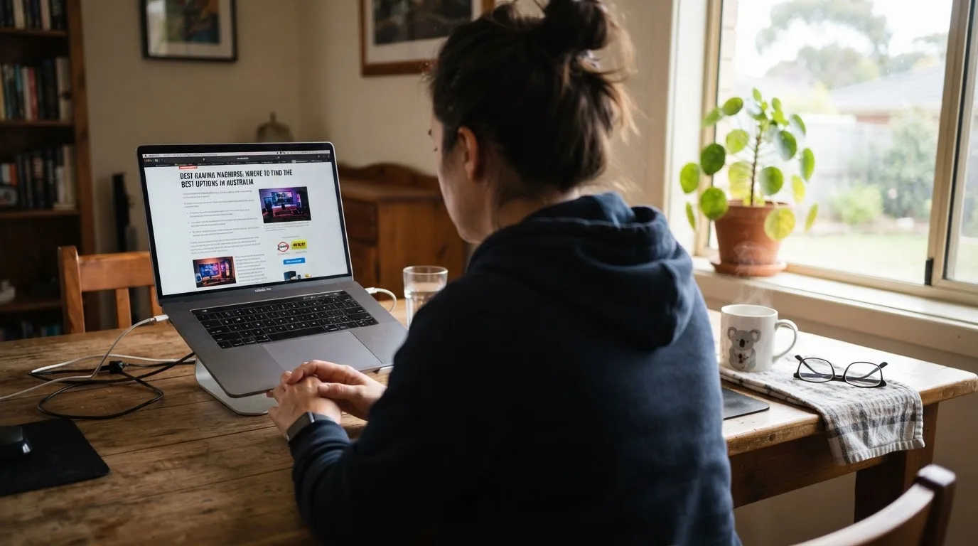 A person at a laptop reading a plain-language explainer article at a home desk.