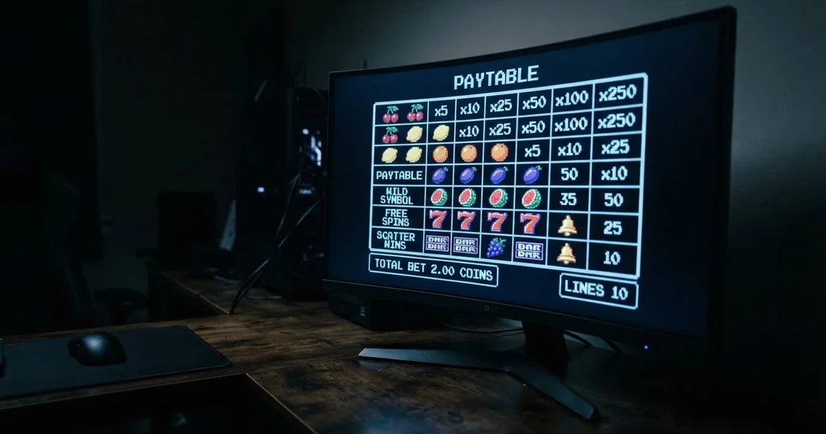 A slot machine's paytable screen glowing on a monitor in a dim room.