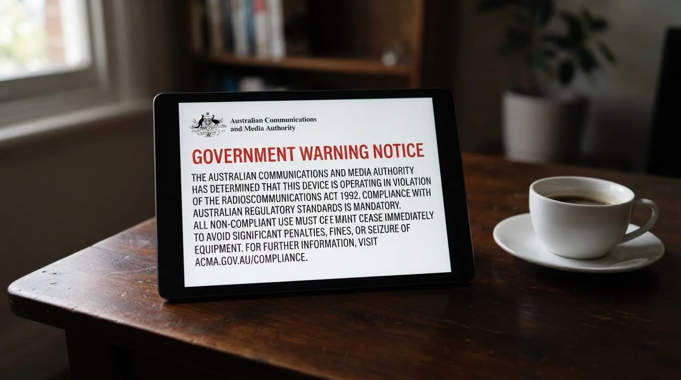 A tablet screen displaying an official regulator warning notice on a desk beside a coffee cup.