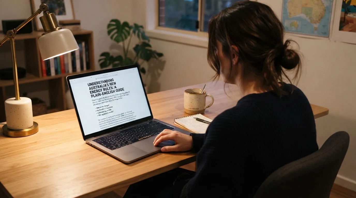 A person at a laptop reading a plain-language explainer article at a home desk.