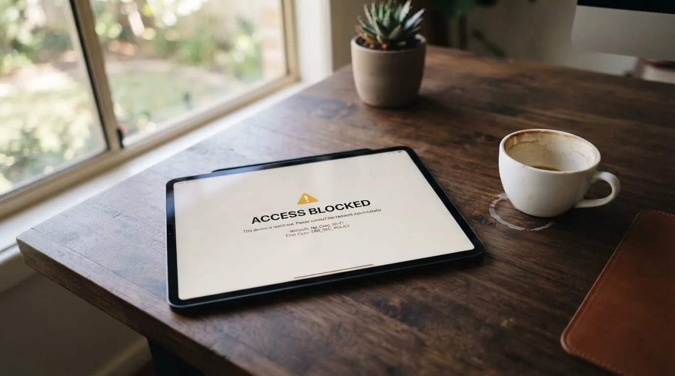 A tablet screen displaying an official regulator warning notice on a desk beside a coffee cup.