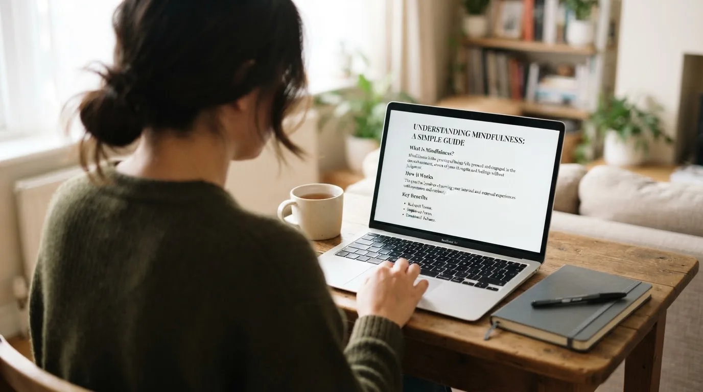 A person at a laptop reading a plain-language explainer article at a home desk.
