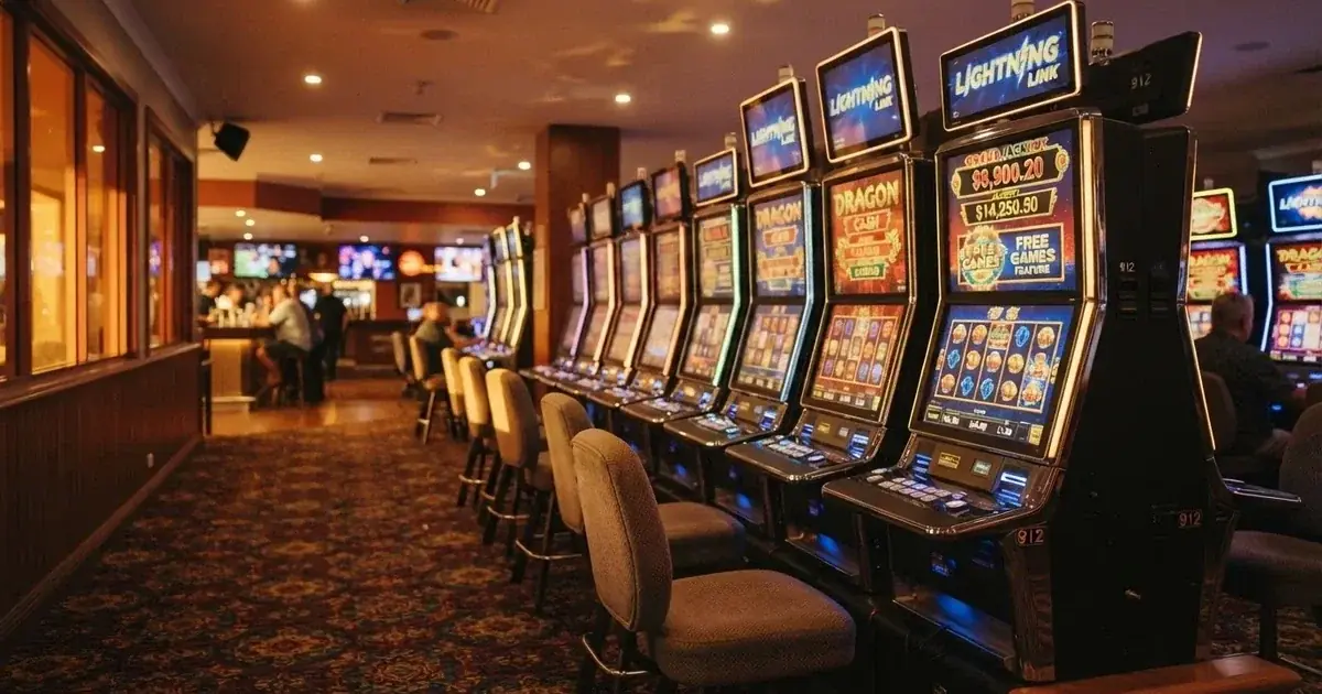 A row of gaming machines inside a licensed club in suburban Brisbane.