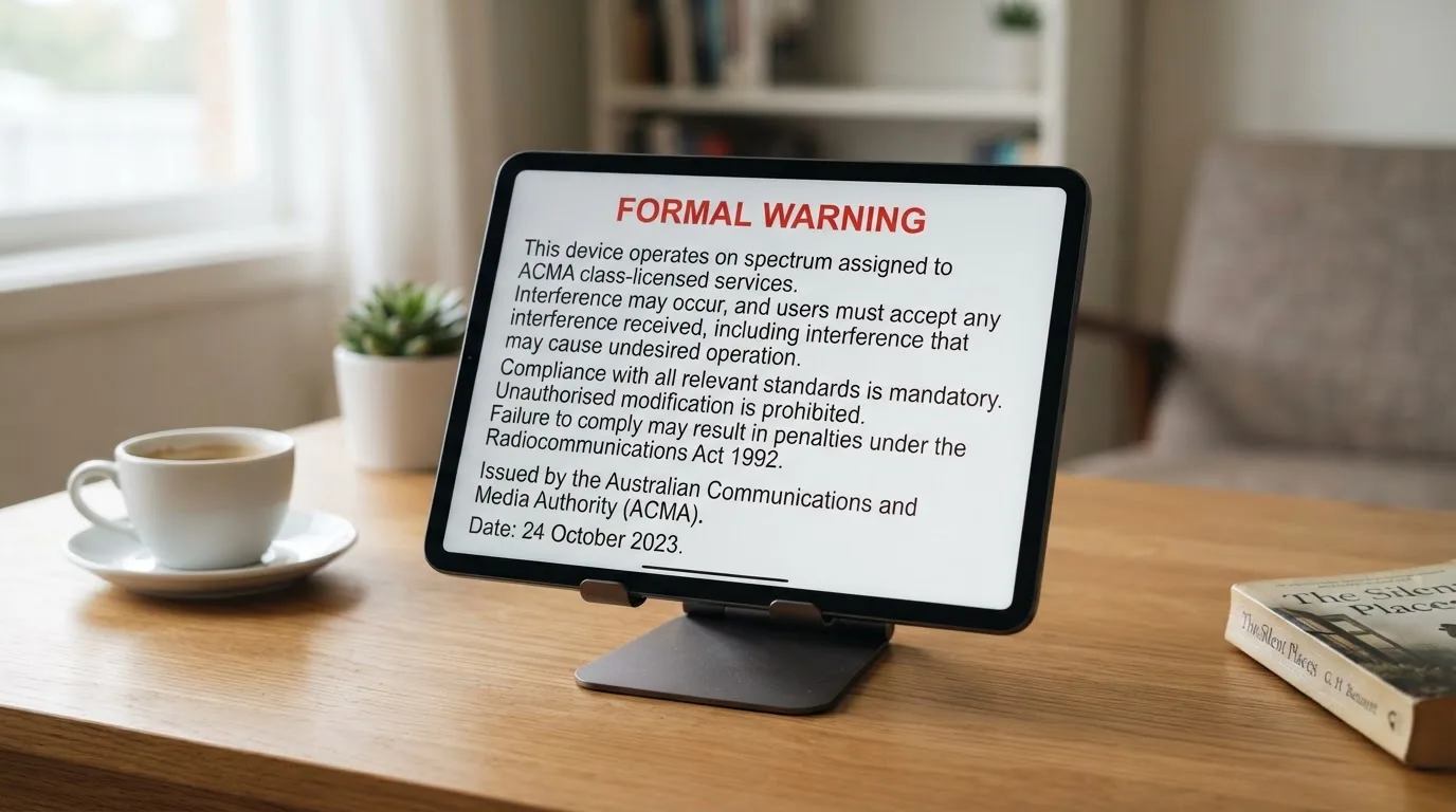 A tablet screen displaying an official regulator warning notice on a desk beside a coffee cup.