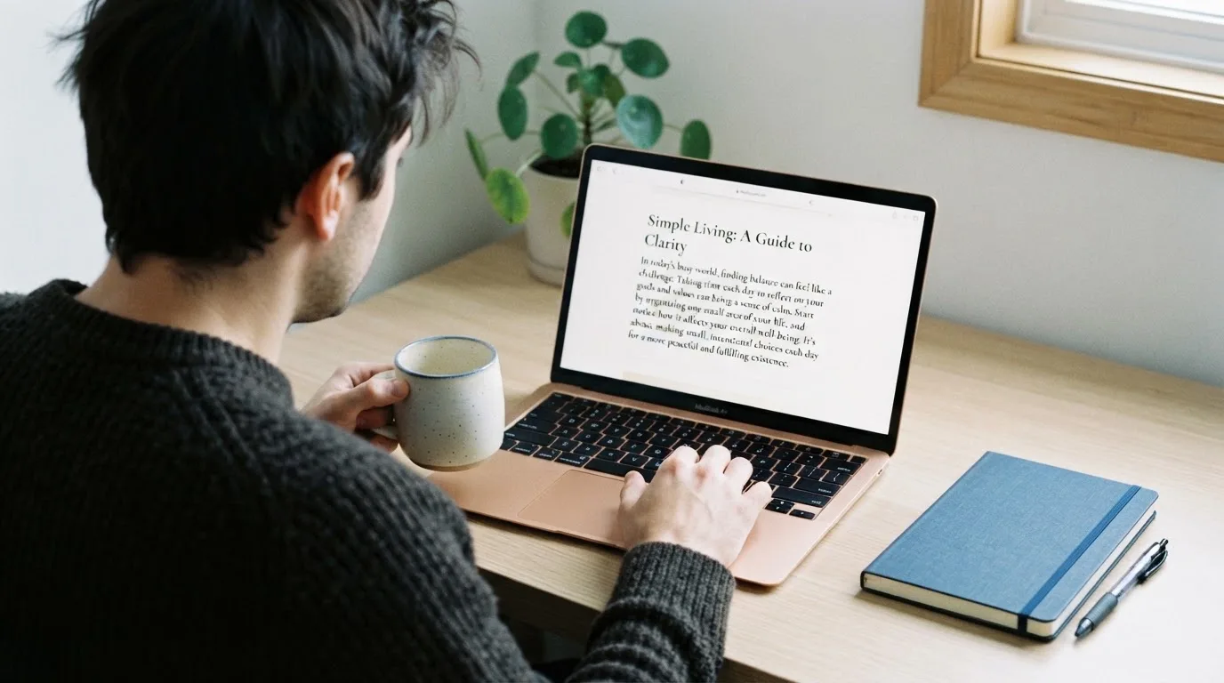A person at a laptop reading a plain-language explainer article at a home desk.