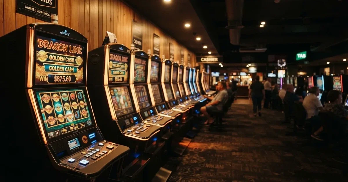 Gaming machines lined up inside a licensed club in central Canberra.