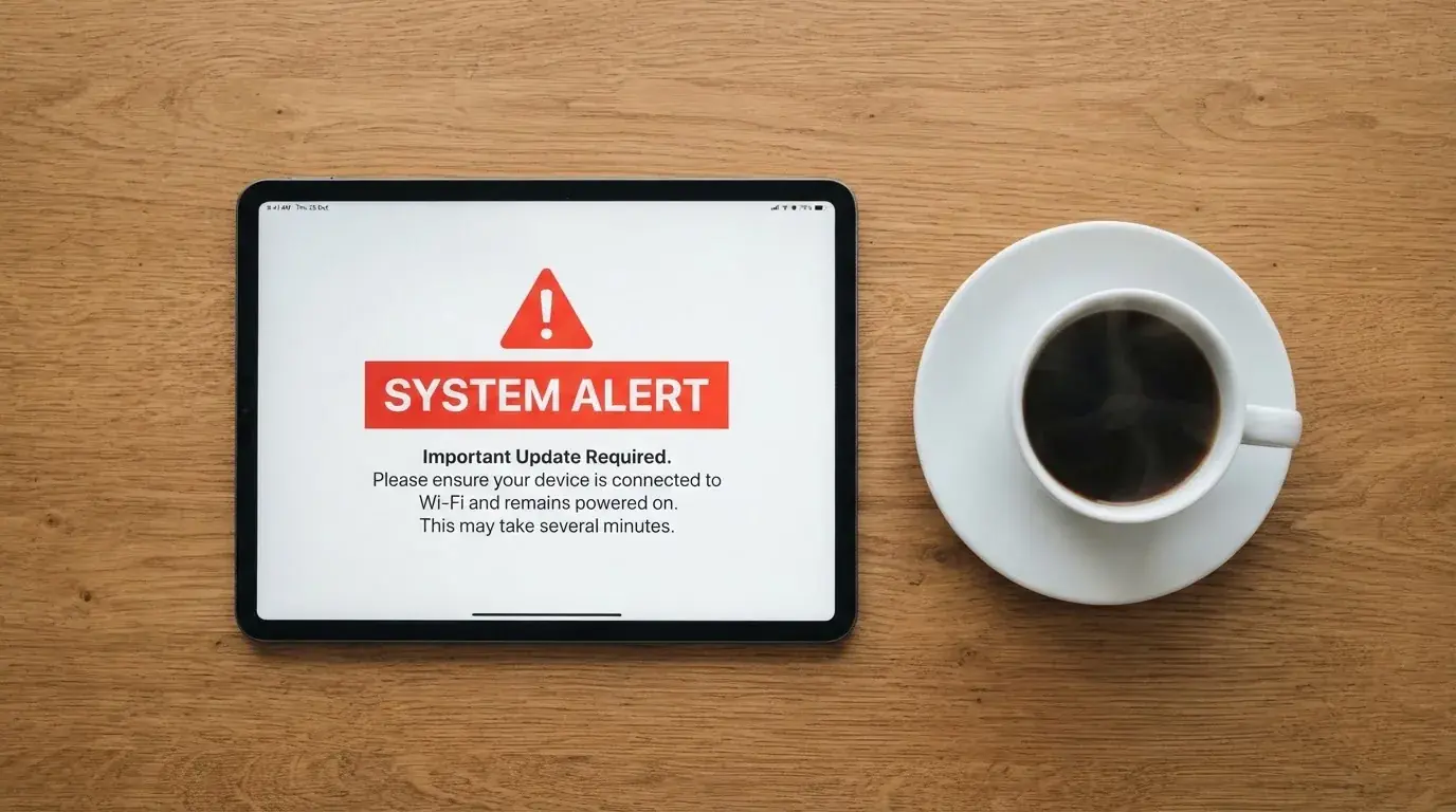 A tablet screen displaying an official regulator warning notice on a desk beside a coffee cup.