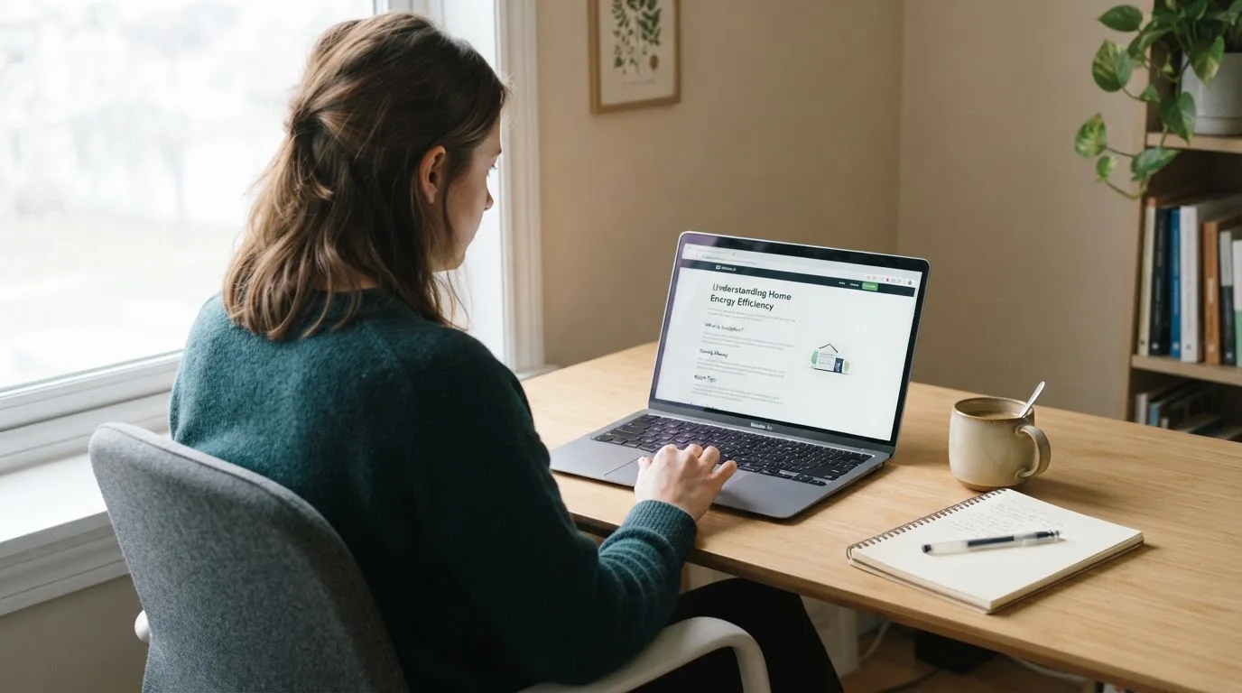 A person at a laptop reading a plain-language explainer article at a home desk.