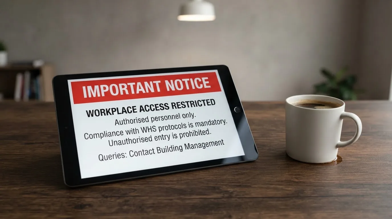 A tablet screen displaying an official regulator warning notice on a desk beside a coffee cup.