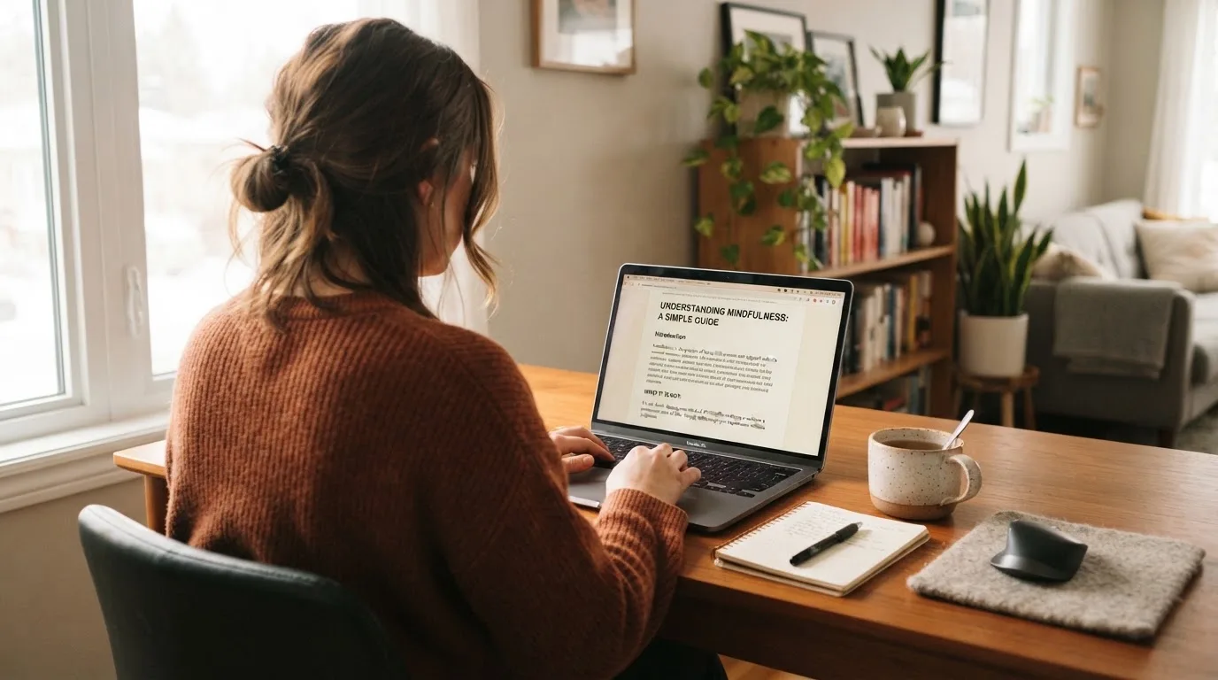 A person at a laptop reading a plain-language explainer article at a home desk.