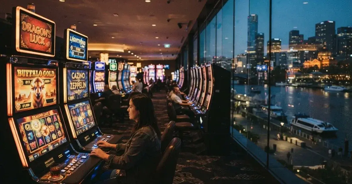 A gaming floor with rows of electronic machines beside the Yarra River in Melbourne.