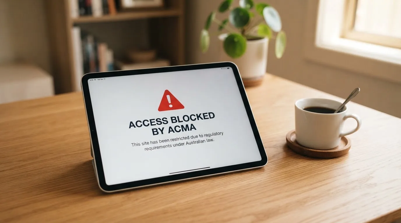 A tablet screen displaying an official regulator warning notice on a desk beside a coffee cup.