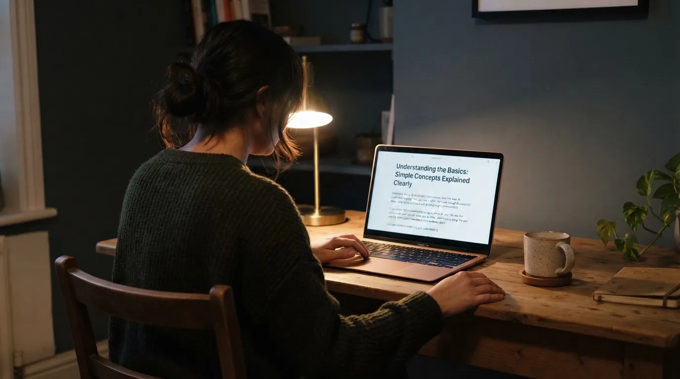 A person at a laptop reading a plain-language explainer article at a home desk.