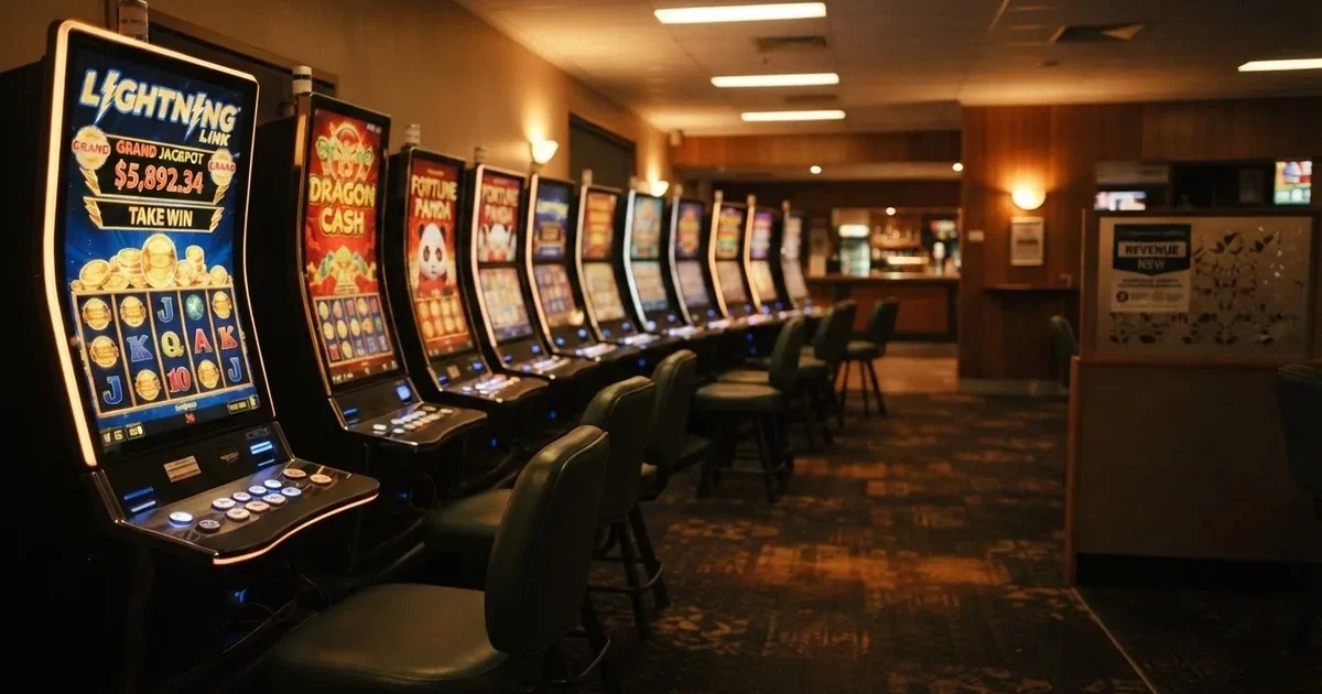 A row of gaming machines inside a suburban registered club in regional New South Wales.