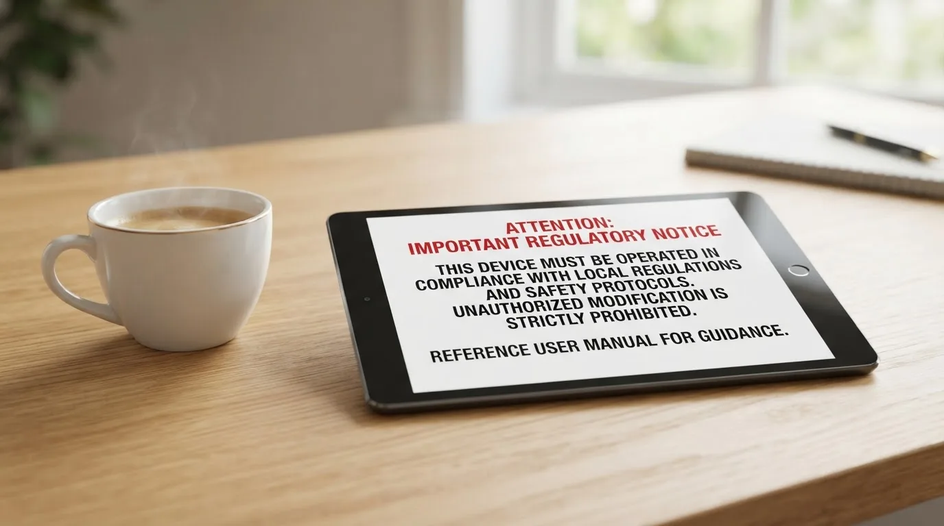 A tablet screen displaying an official regulator warning notice on a desk beside a coffee cup.