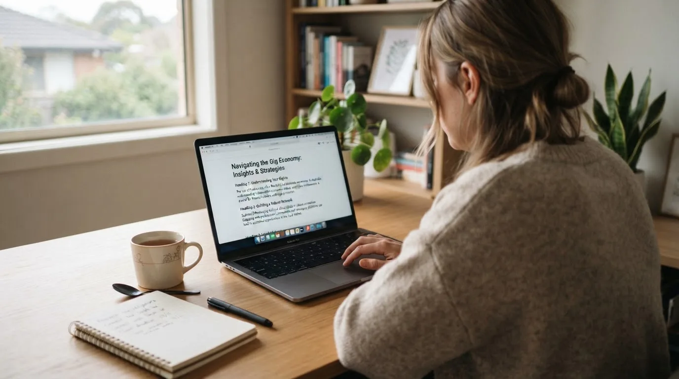A person at a laptop reading a plain-language explainer article at a home desk.