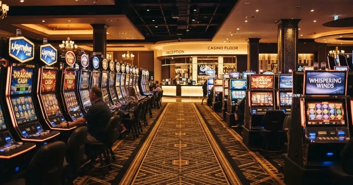 A casino resort gaming floor with rows of electronic machines in Perth.