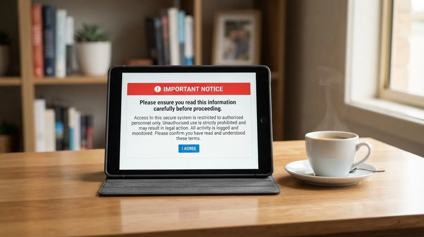 A tablet screen displaying an official regulator warning notice on a desk beside a coffee cup.