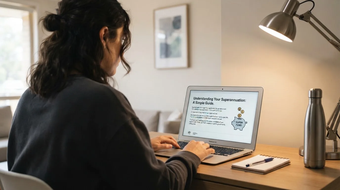 A person at a laptop reading a plain-language explainer article at a home desk.