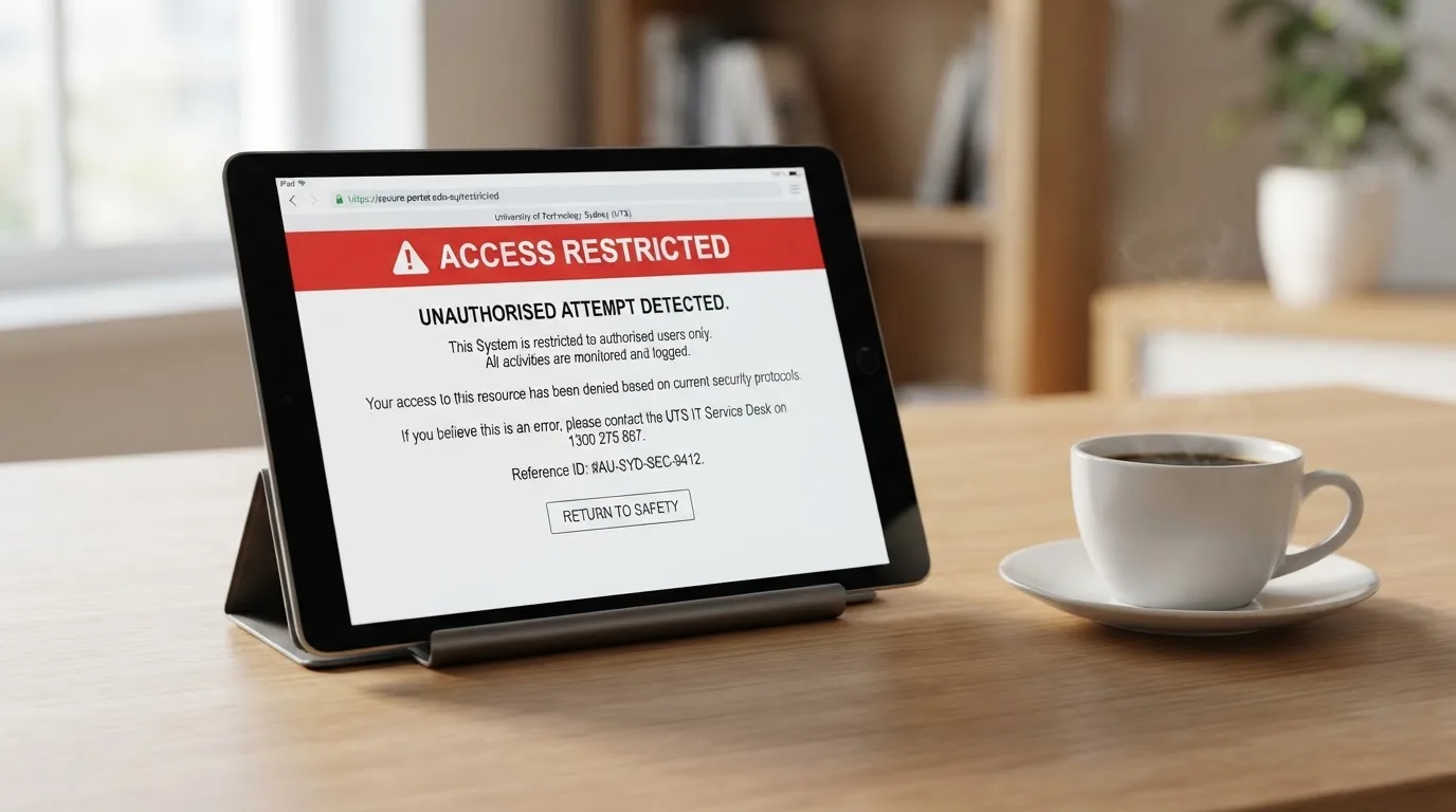 A tablet screen displaying an official regulator warning notice on a desk beside a coffee cup.