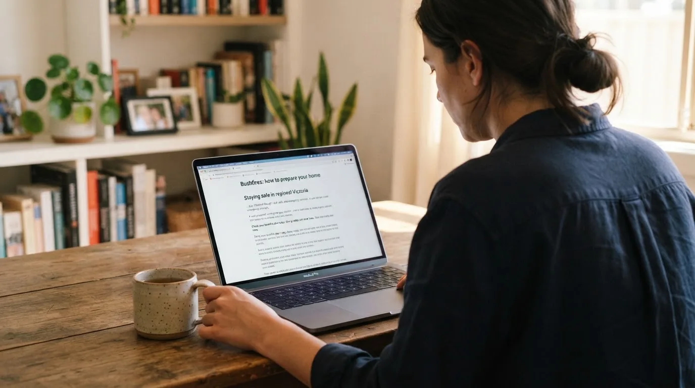 A person at a laptop reading a plain-language explainer article at a home desk.