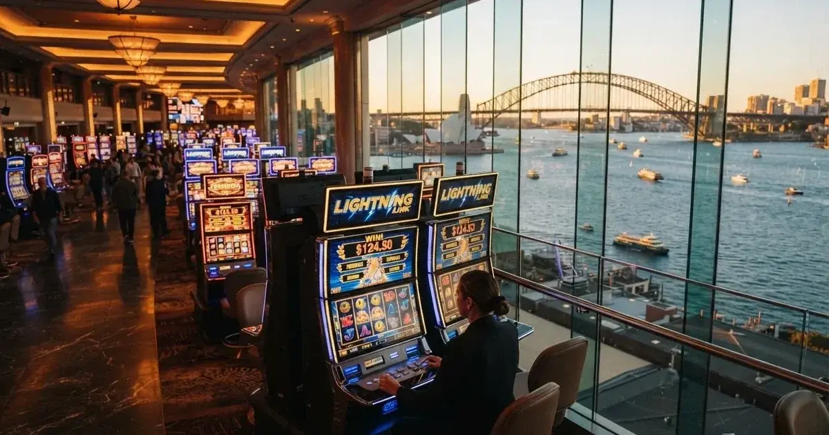 A casino gaming floor overlooking the harbour precinct in Sydney.