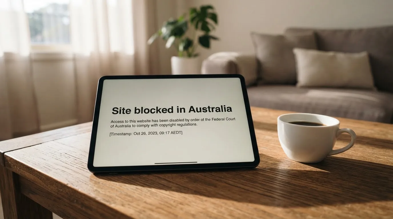 A tablet screen displaying an official regulator warning notice on a desk beside a coffee cup.