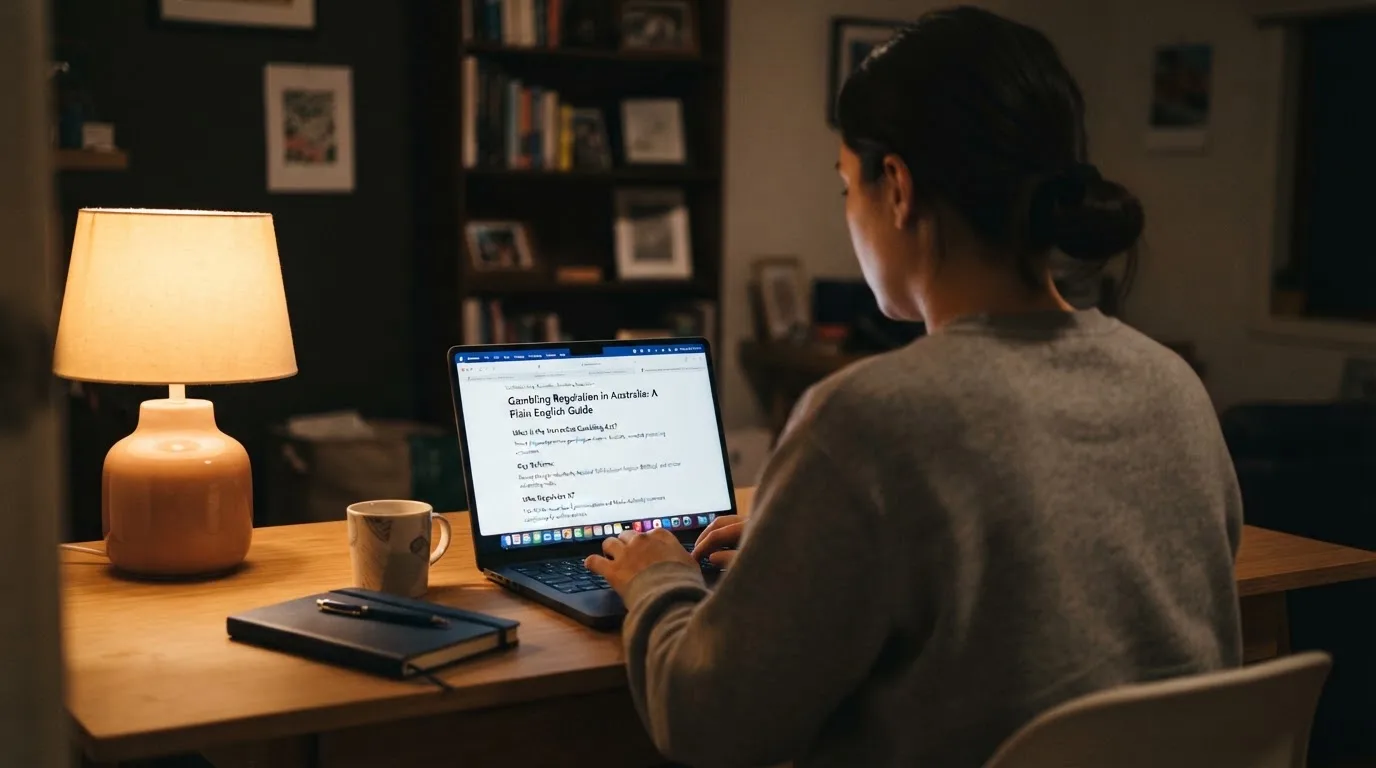 A person at a laptop reading a plain-language explainer article at a home desk.