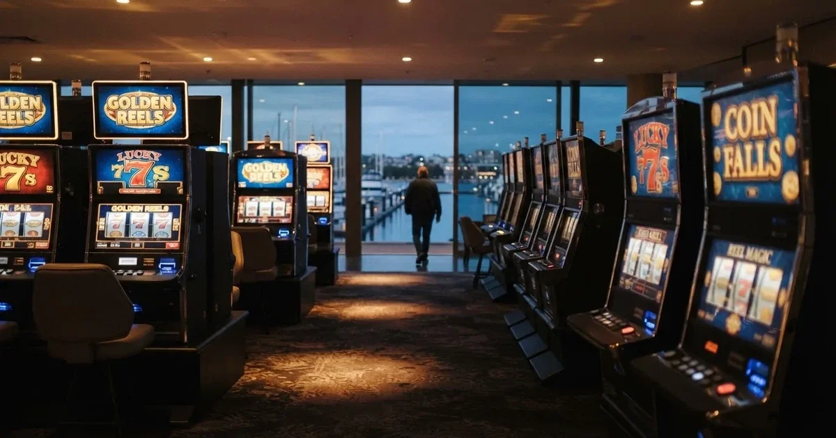 A quiet casino gaming floor inside a waterfront resort in Hobart.