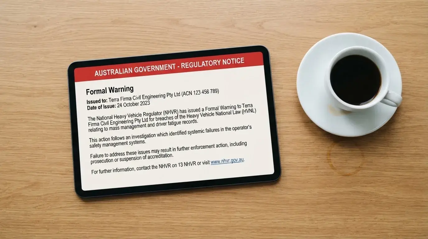 A tablet screen displaying an official regulator warning notice on a desk beside a coffee cup.