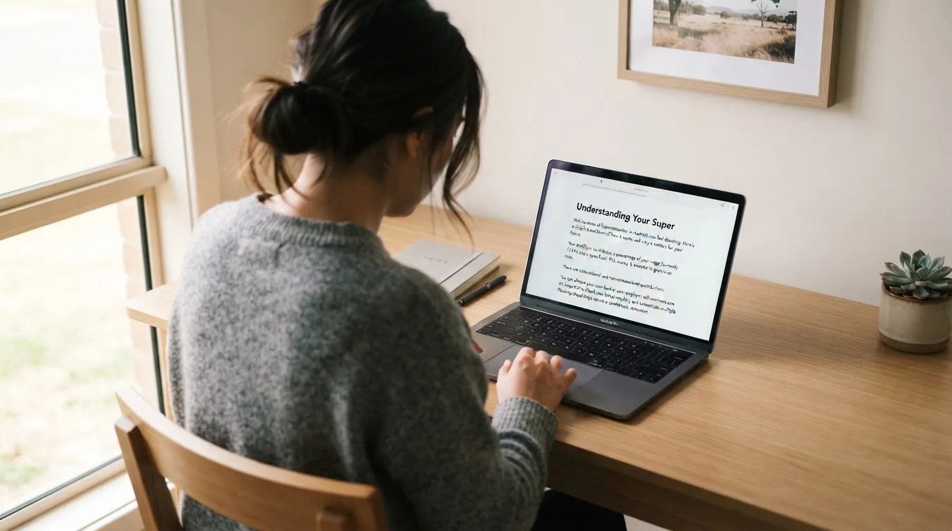 A person at a laptop reading a plain-language explainer article at a home desk.