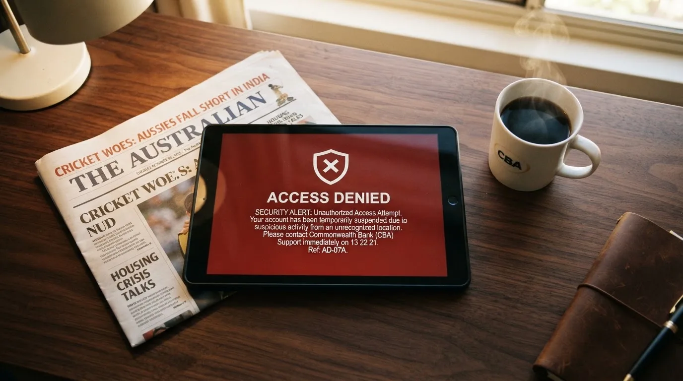 A tablet screen displaying an official regulator warning notice on a desk beside a coffee cup.