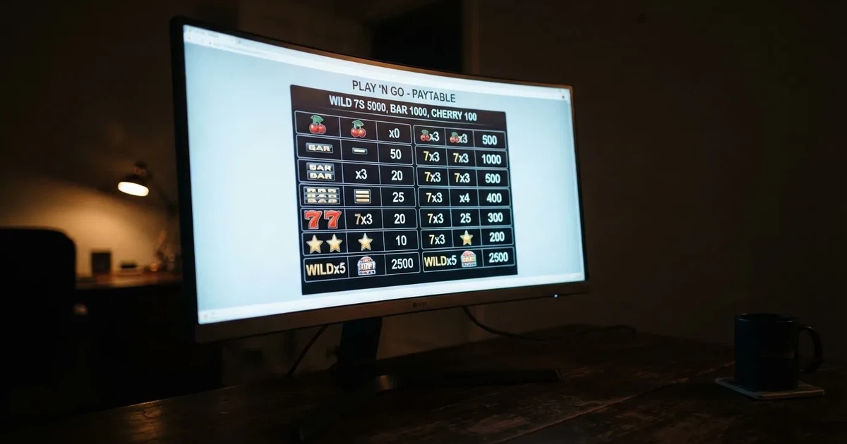 A slot machine's paytable screen glowing on a monitor in a dim room.