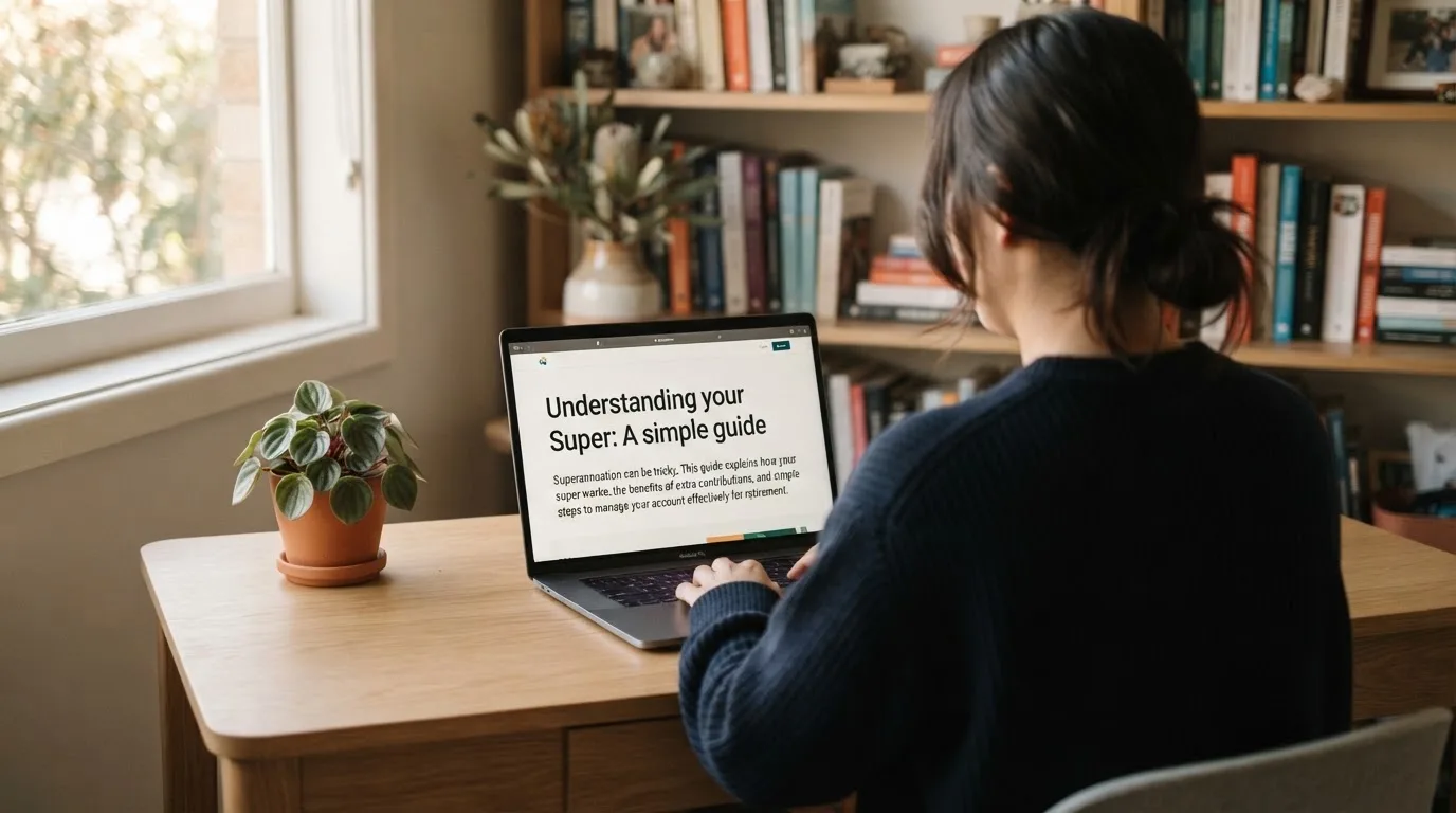 A person at a laptop reading a plain-language explainer article at a home desk.
