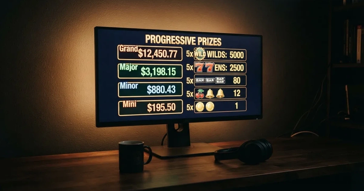 A slot machine's paytable screen glowing on a monitor in a dim room.